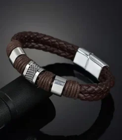 Armband Heren - Bruin Leer met Stalen Accenten