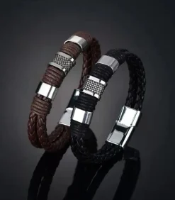 Armband Heren - Bruin Leer met Stalen Accenten