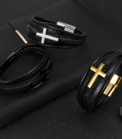 Armband Heren - Zwart Leer met Zwart Kruis - 23cm