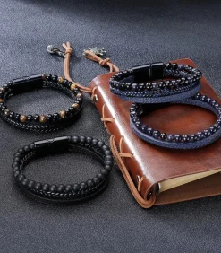 Armband Heren - Zwart Leer Met Zwarte Kralen