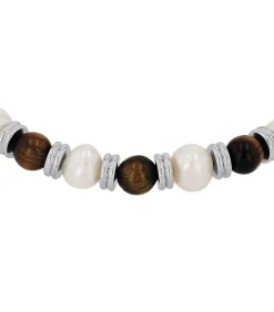 Armband voor mannen, roestvrij staal, tijgeroog, gekweekte zoetwaterparel