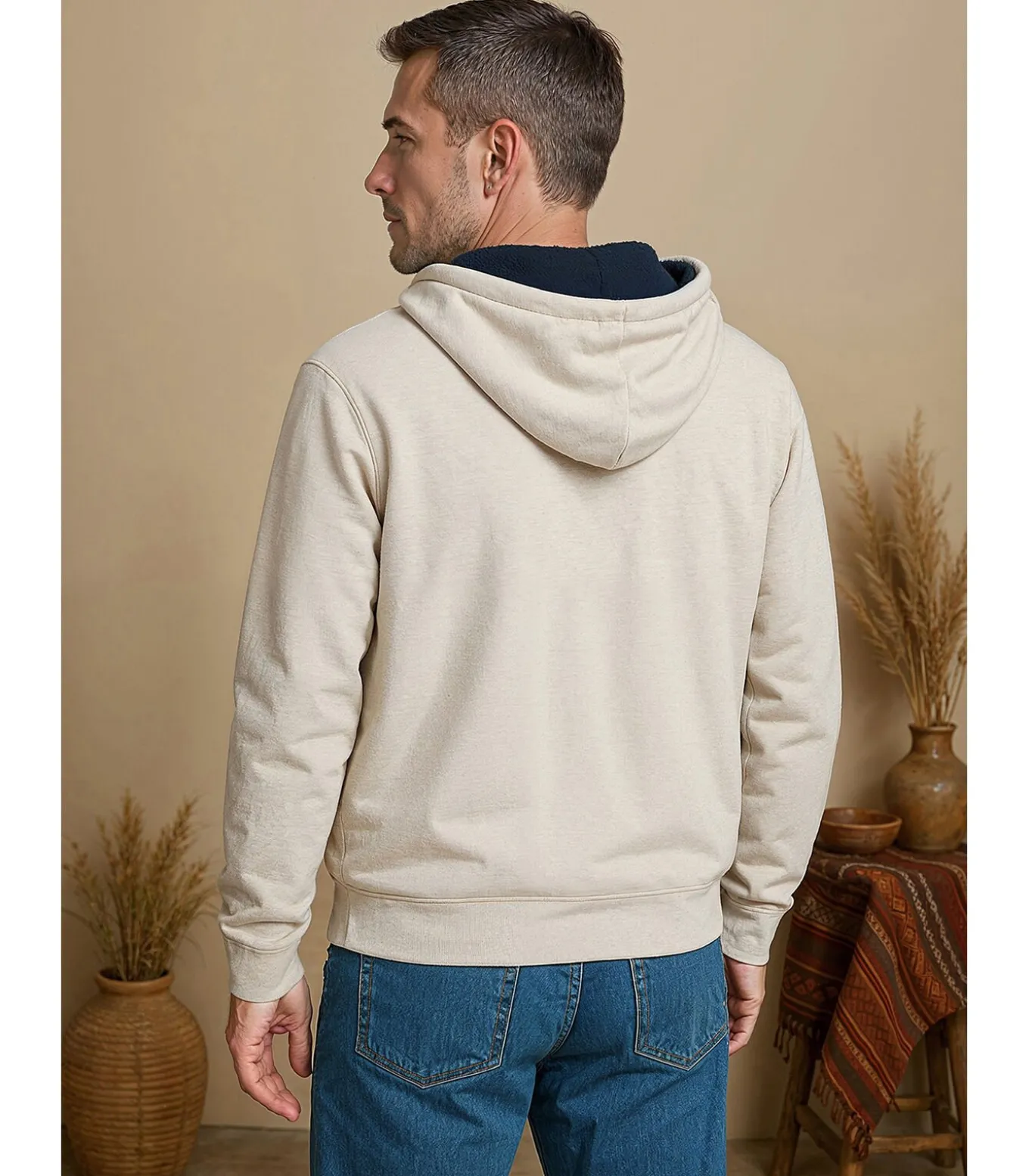 Beige herensweater met capuchon en rits
