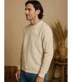 Beige herensweater met opstaande kraag en kangoeroezak