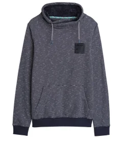 Blauwe herensweater met opstaande kraag en kangoeroezak