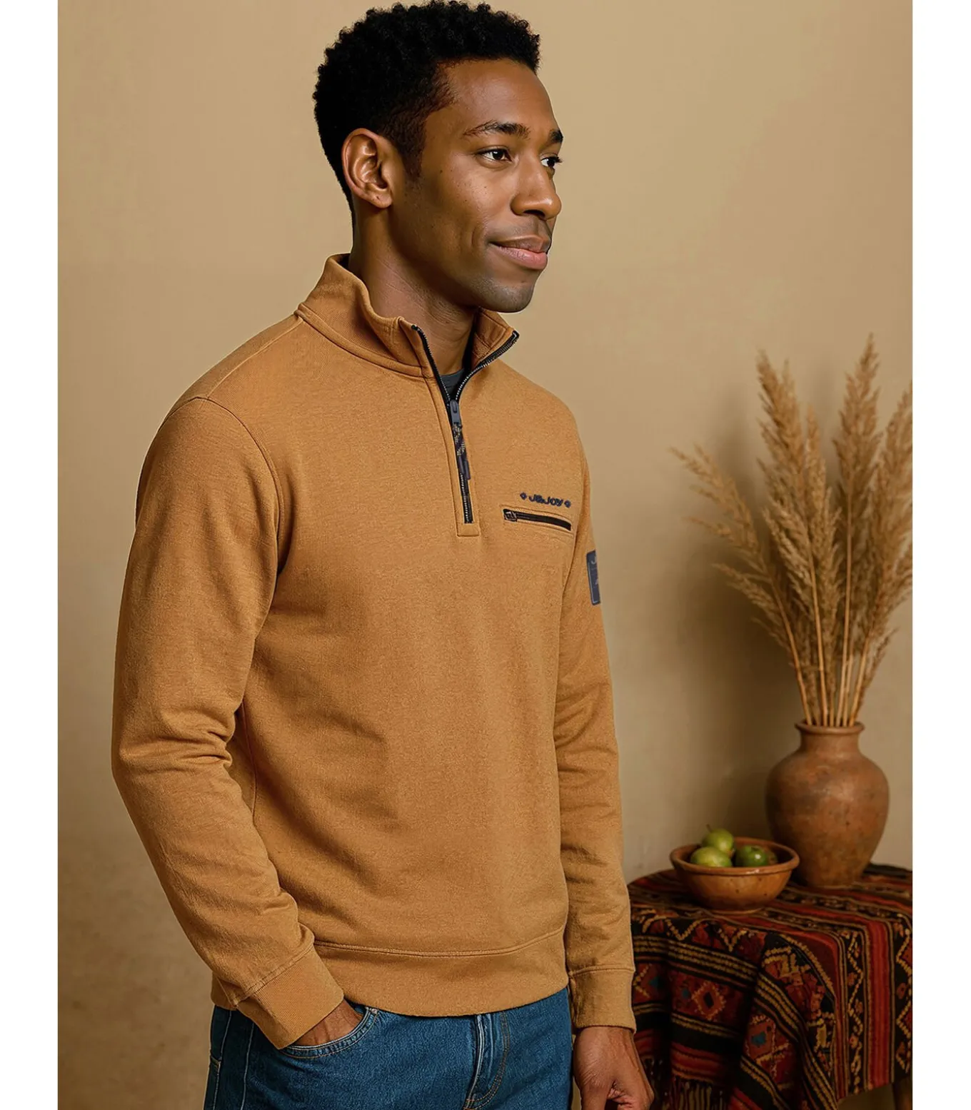 Bruine herensweater met rits in de hals