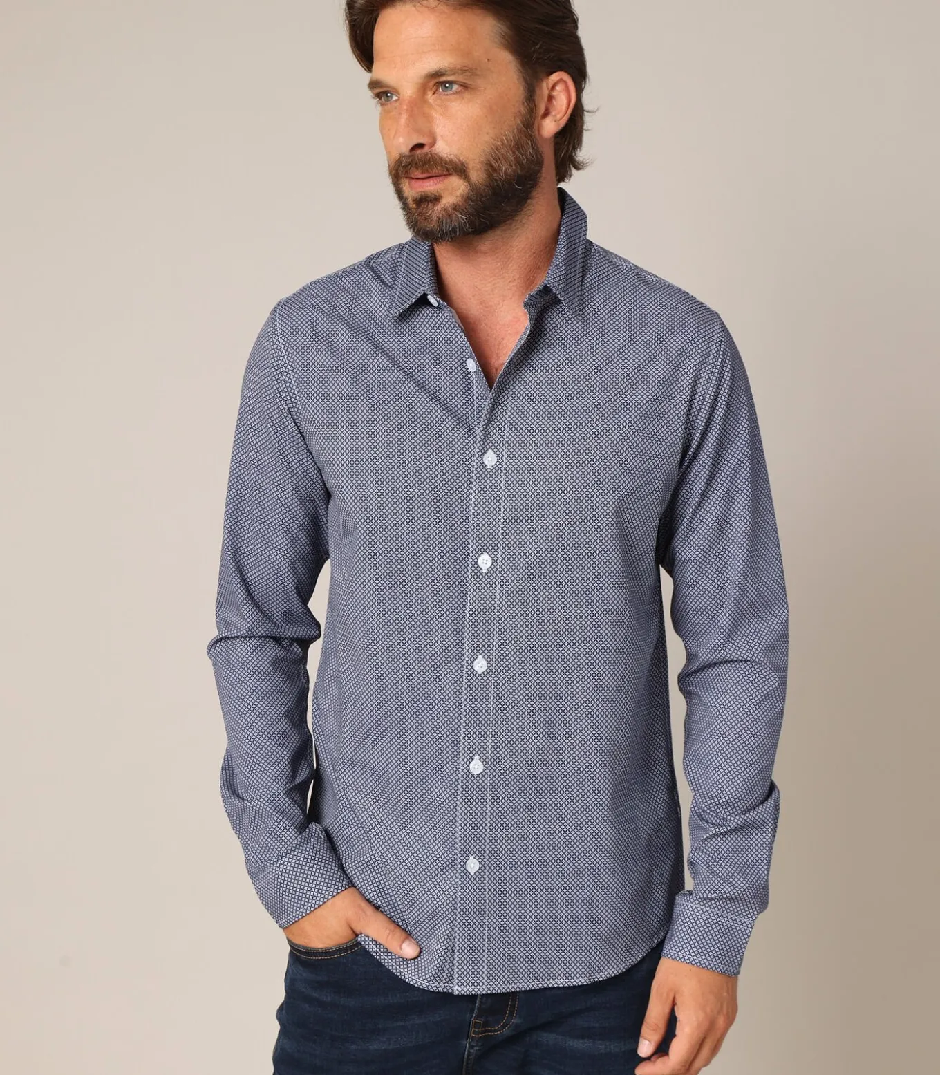 BUNJI - Elegant overhemd met geometrisch micropatroon en Italiaanse kraag