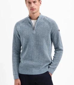 Chenille melange trui met halve rits en raglanmouwen