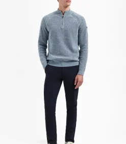 Chenille melange trui met halve rits en raglanmouwen