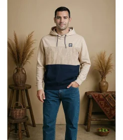 Driekleurig T-shirt met lange mouwen voor heren, opstaande kraag en kangoeroezak