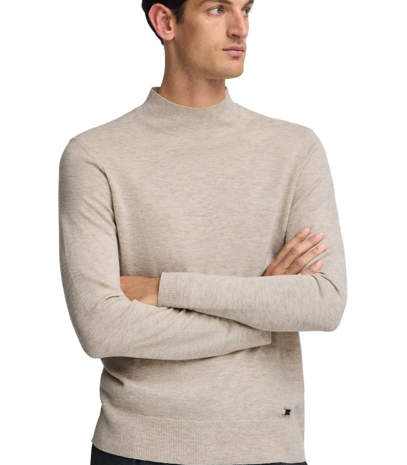 Gemêleerd beige trui van merinowol met Perkins-kraag