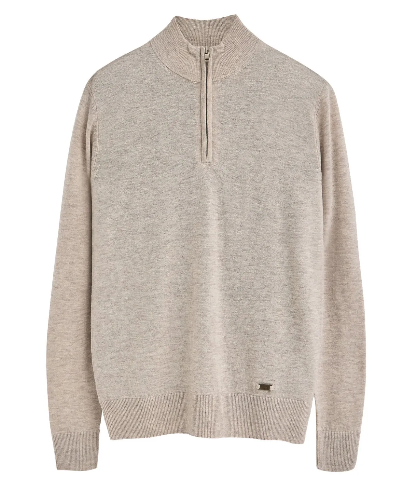 Gemêleerd beige trui van merinowol met halve rits