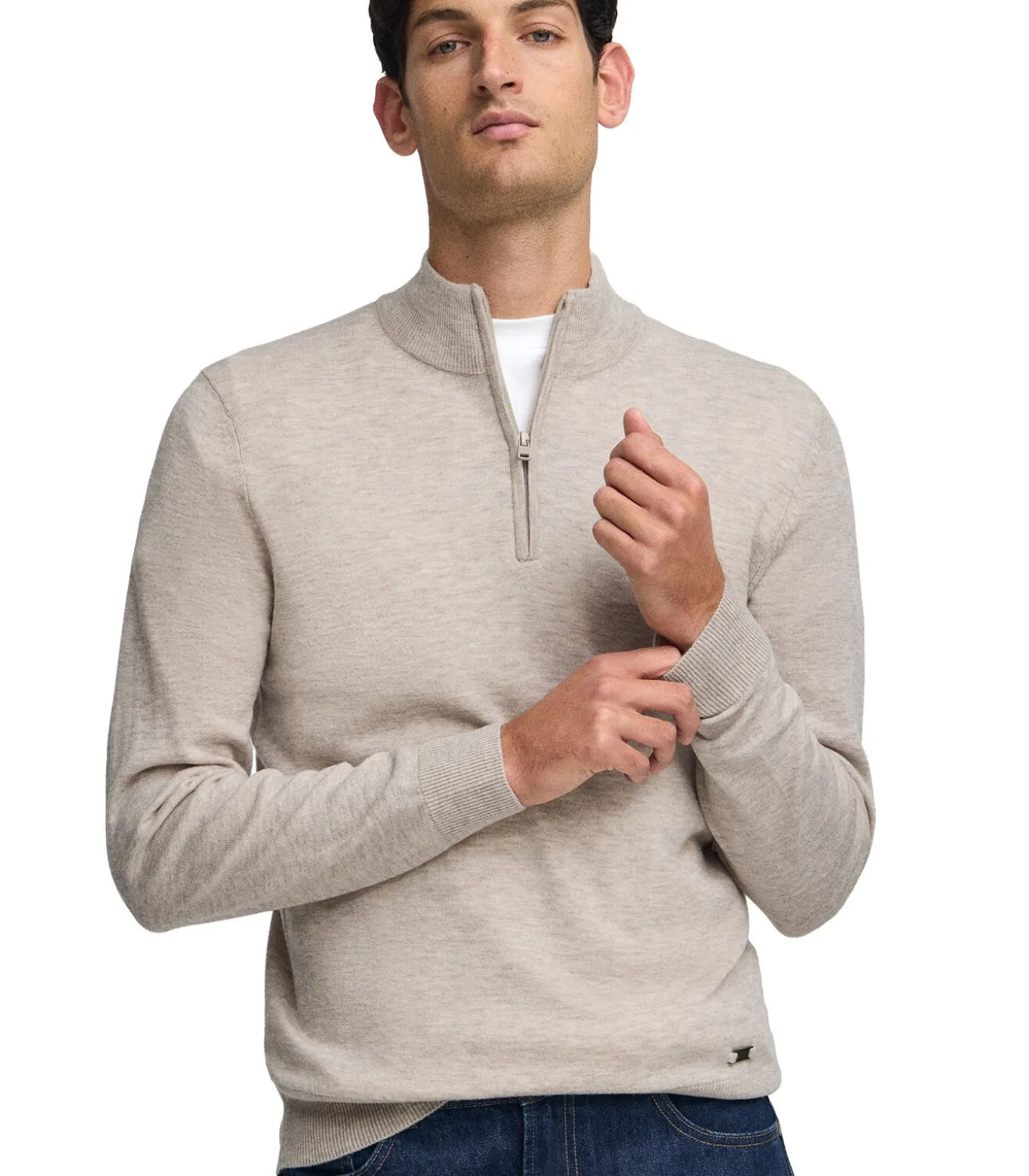 Gemêleerd beige trui van merinowol met halve rits