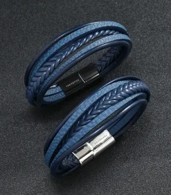 Heren Armband Leder - Blauw met Zilver Kleurige Sluiting