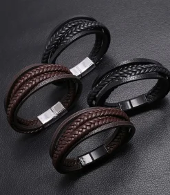 Heren Armband Leder met Dubbele Vlecht - Bruin met Zwarte Sluiting