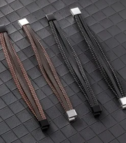 Heren Armband Leder met Dubbele Vlecht - Bruin met Zwarte Sluiting