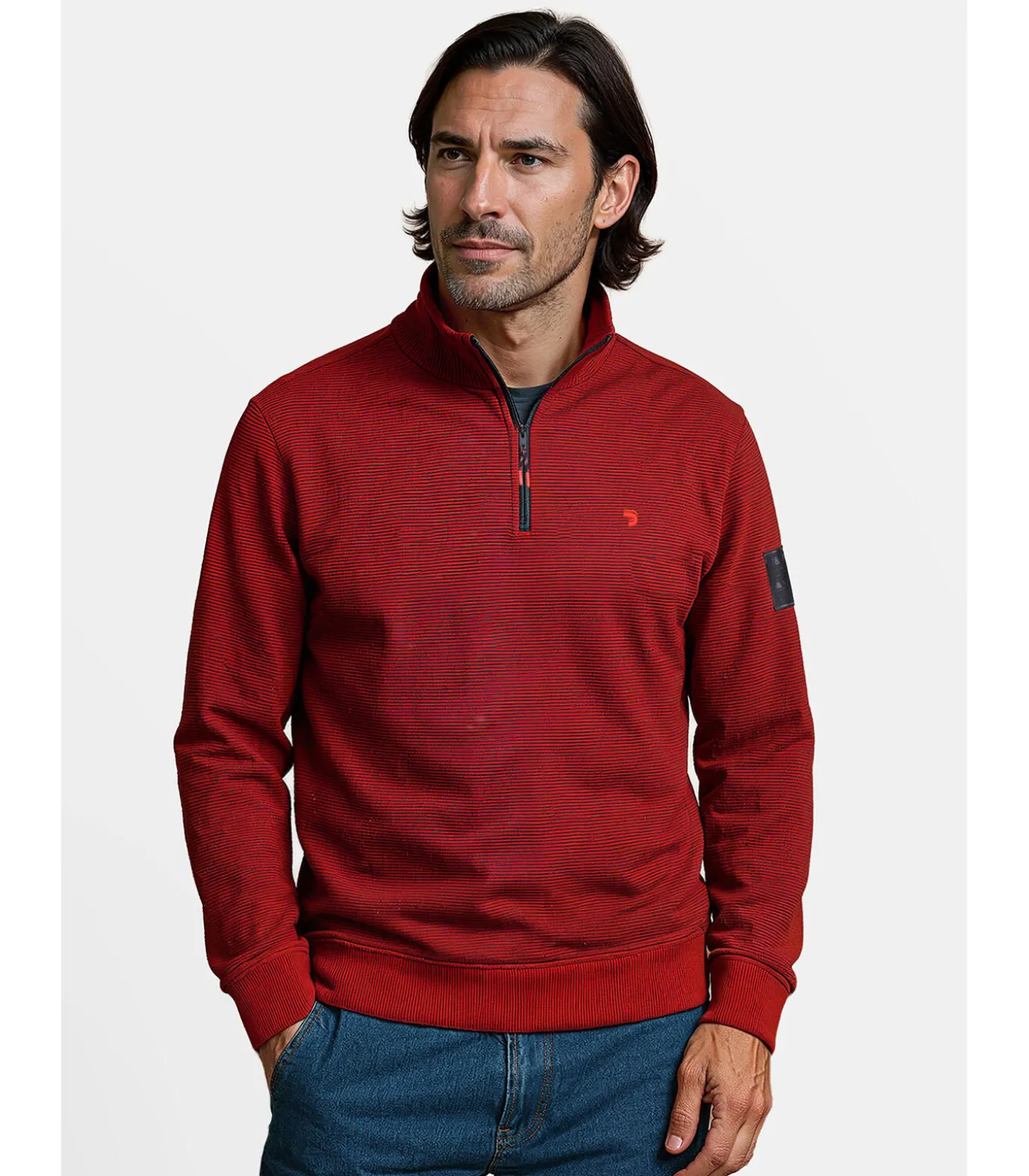 Heren bordeauxrode sweater met rits aan de hals