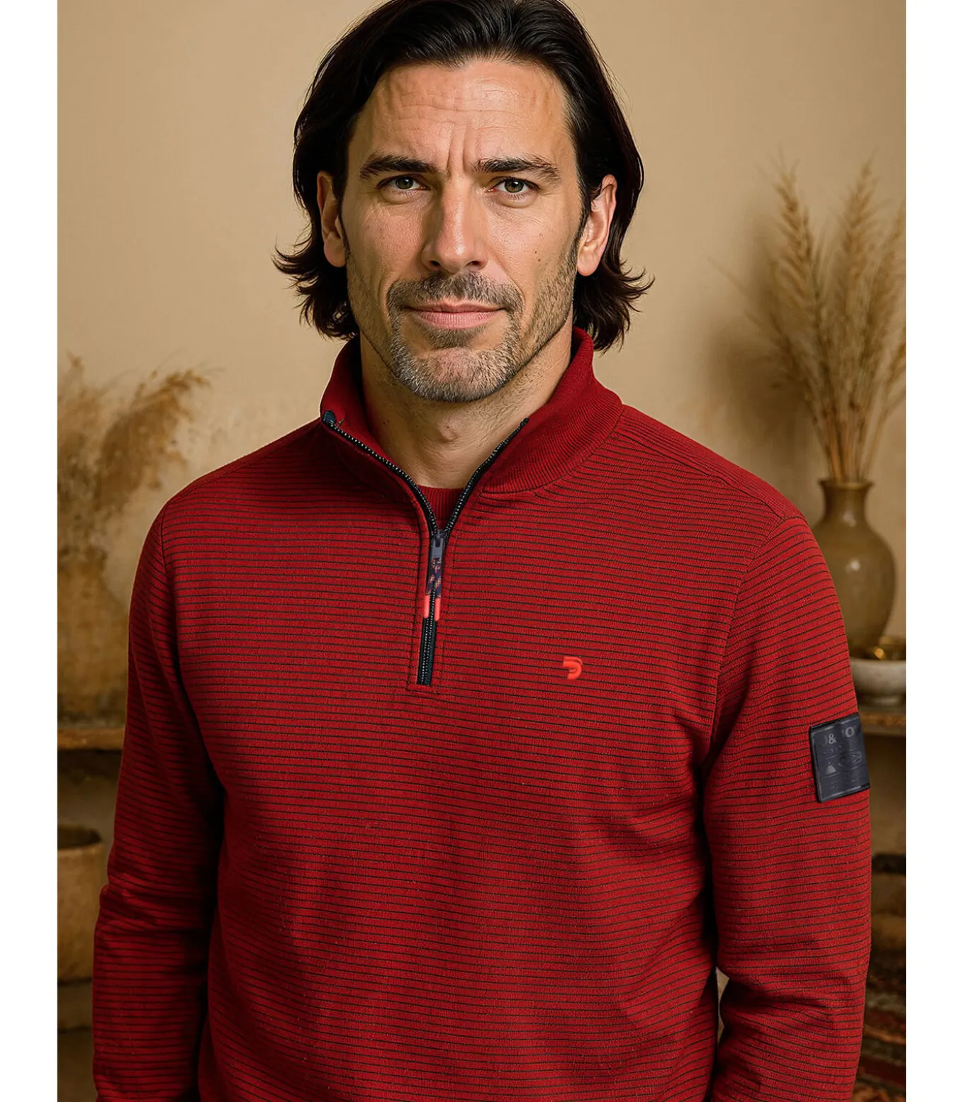 Heren bordeauxrode sweater met rits aan de hals