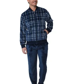 Heren Huispak Flanel Fleece - Donkerblauw warm heren pyjamapak 2-delig