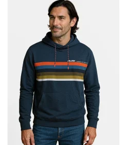Heren marineblauw T-shirt met lange mouwen en veelkleurige streep