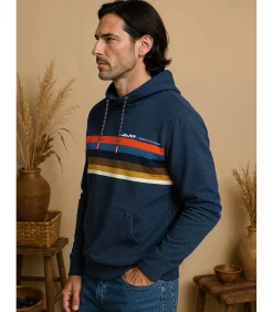 Heren marineblauw T-shirt met lange mouwen en veelkleurige streep