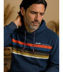 Heren marineblauw T-shirt met lange mouwen en veelkleurige streep