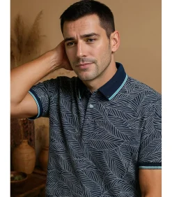 Heren poloshirt met blauw bladprint