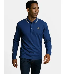 Heren poloshirt met lange mouwen in marineblauw met logo op de rug