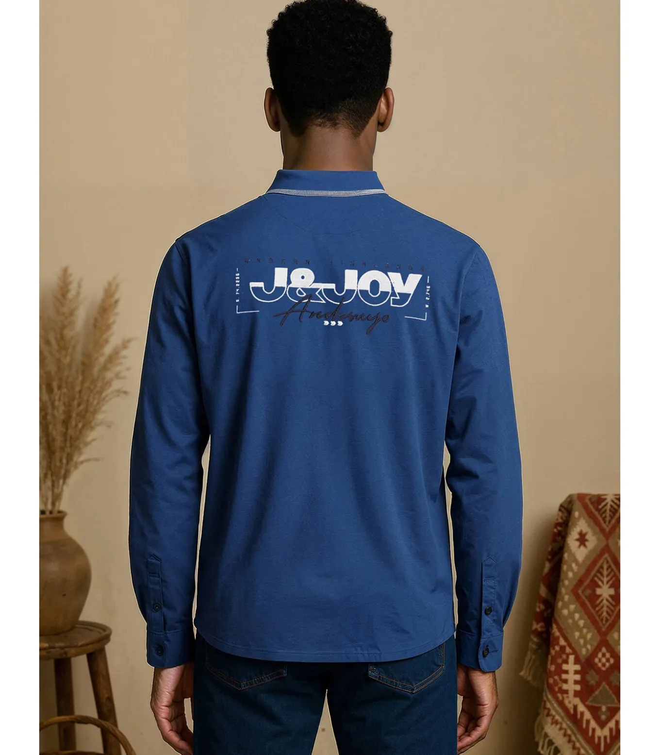 Heren poloshirt met lange mouwen in marineblauw met logo op de rug