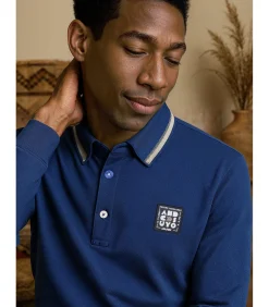 Heren poloshirt met lange mouwen in marineblauw met logo op de rug