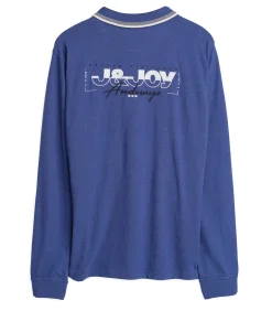 Heren poloshirt met lange mouwen in marineblauw met logo op de rug