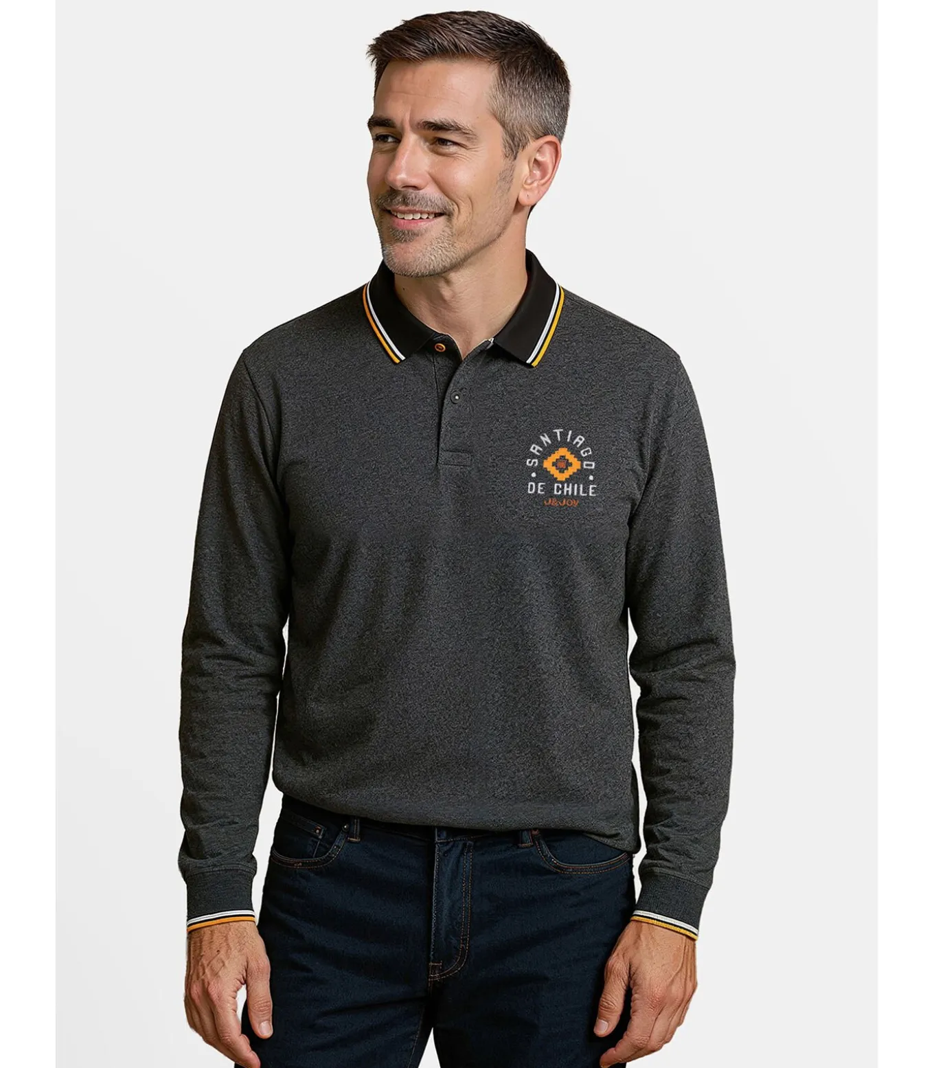 Heren poloshirt met lange mouwen in heidegrijze kleur