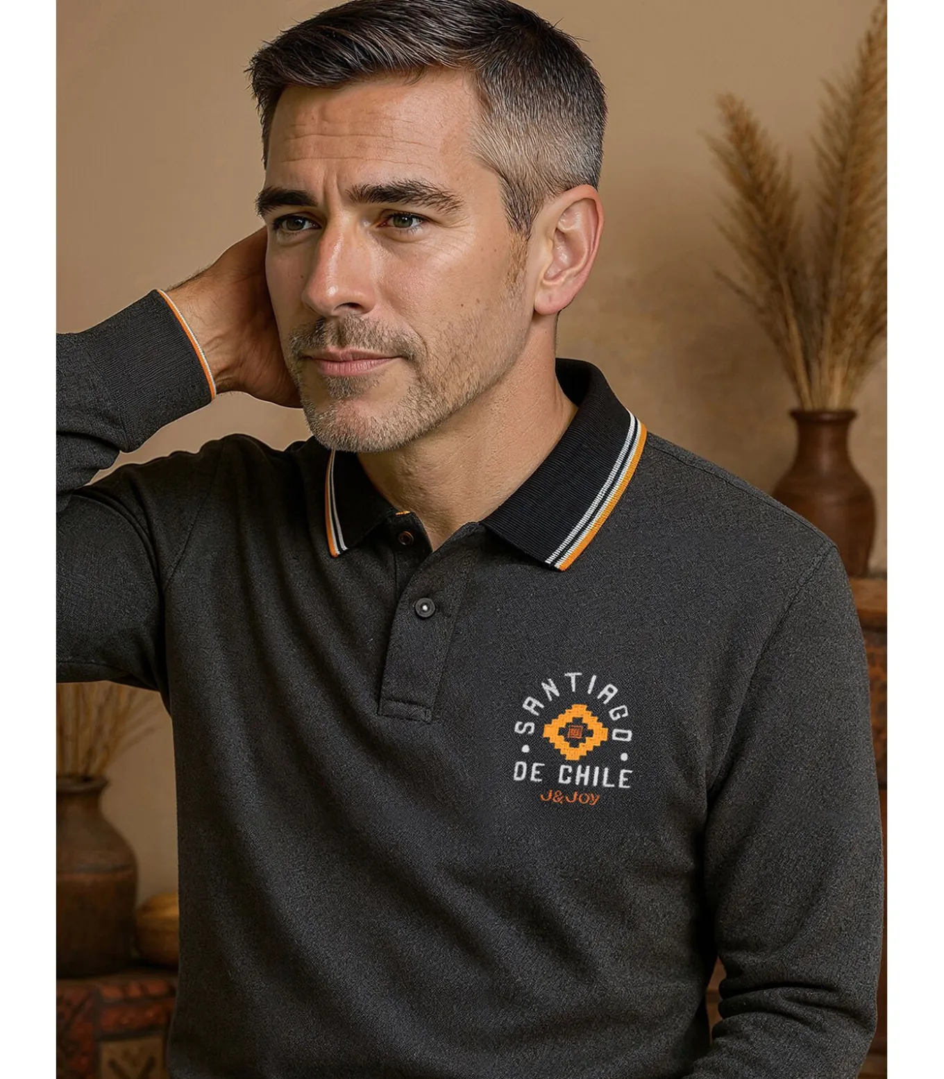Heren poloshirt met lange mouwen in heidegrijze kleur