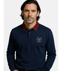 Heren poloshirt met lange mouwen in marineblauw met contrasterende kraag