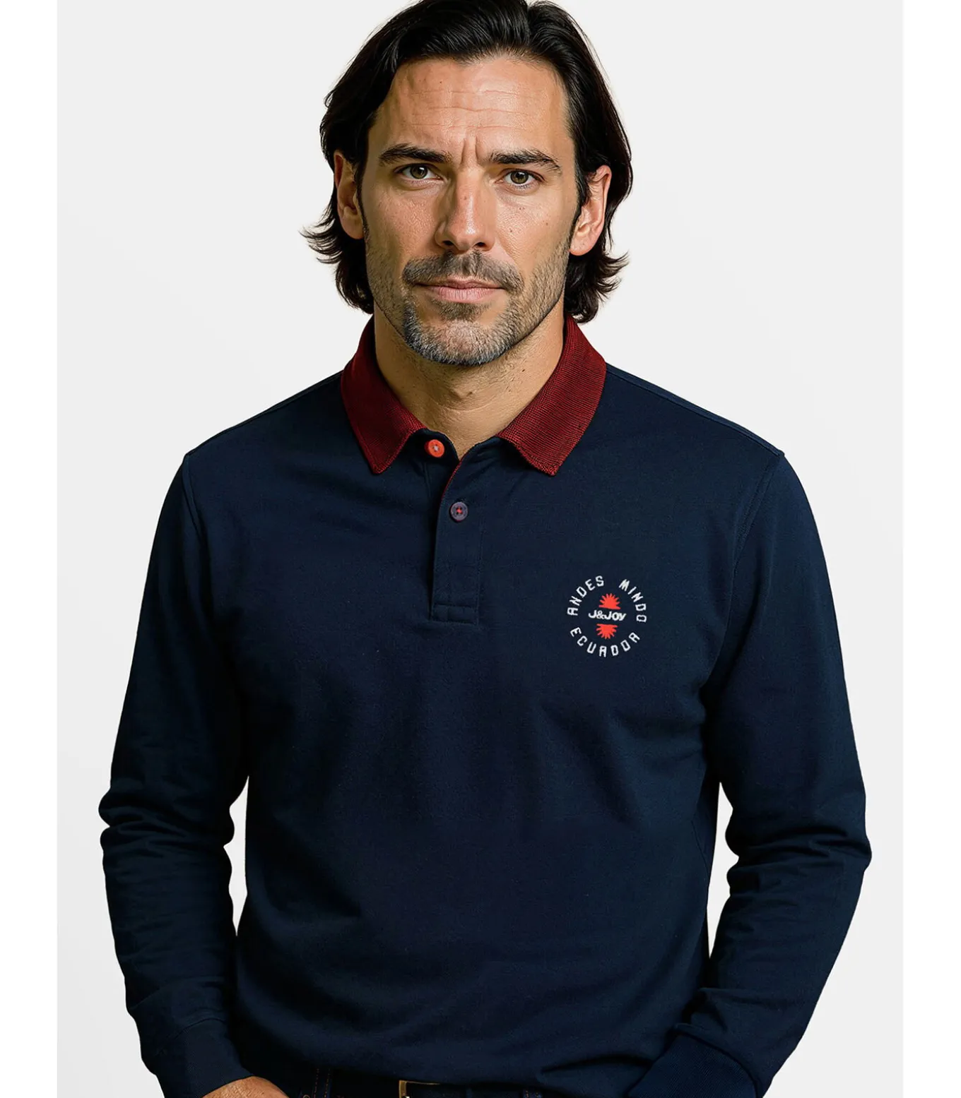 Heren poloshirt met lange mouwen in marineblauw met contrasterende kraag