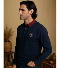 Heren poloshirt met lange mouwen in marineblauw met contrasterende kraag