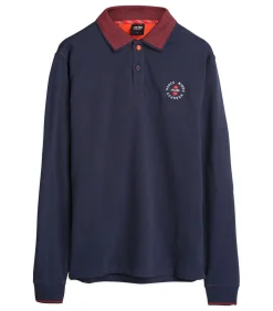 Heren poloshirt met lange mouwen in marineblauw met contrasterende kraag