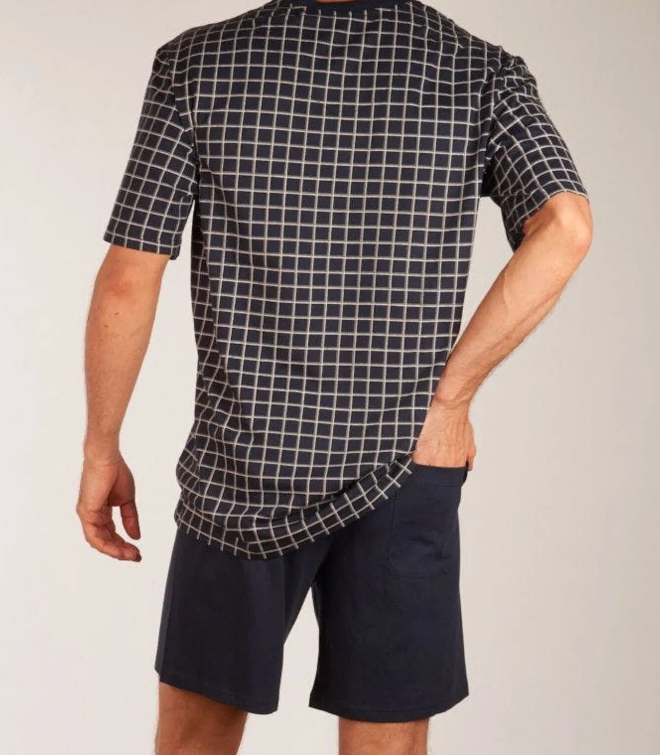 Heren shortama - Ebony Blue - Ruit - Katoenen zomer pyjama korte broek korte mouw