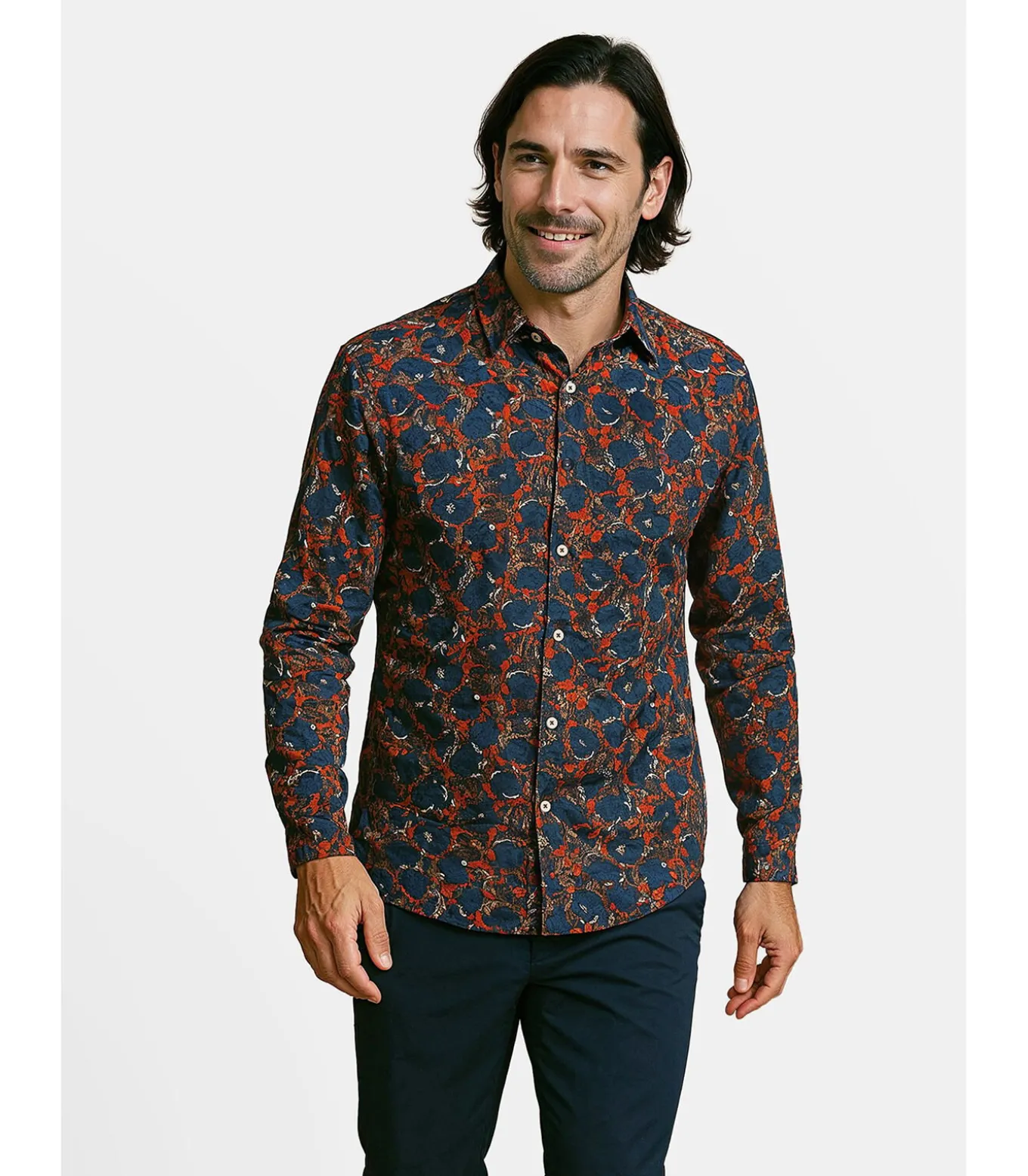 Herenblauw overhemd met bloemenpatroon