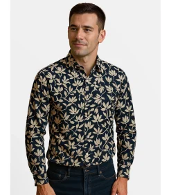 Herenoverhemd met blauw en wit bloemenmotief