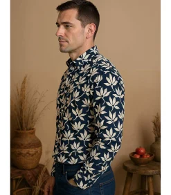 Herenoverhemd met blauw en wit bloemenmotief