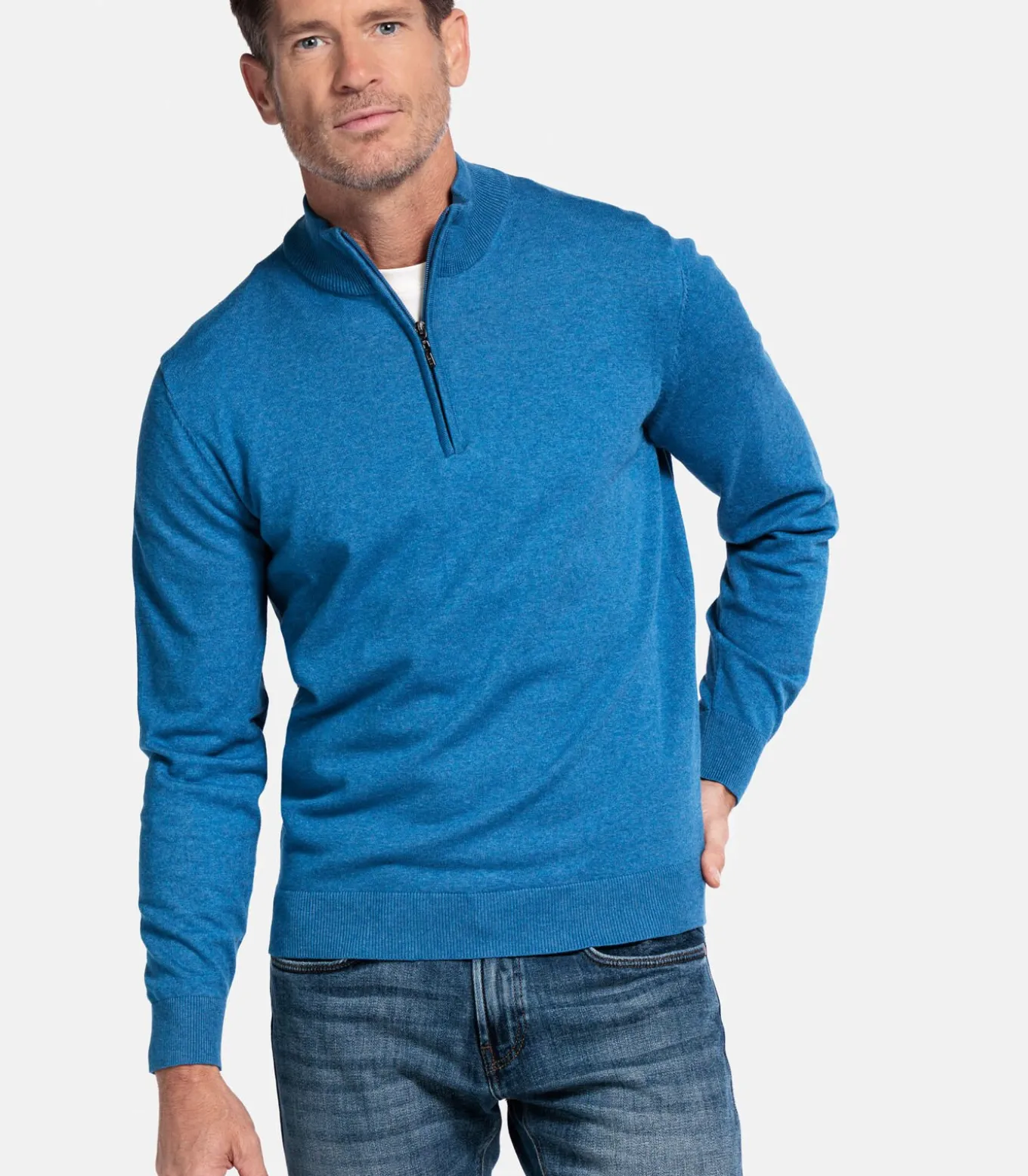 Katoenmix pullover met halve rits - Mid Blue