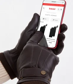 Leren tactiele herenhandschoenen met bruine aantreksluiting