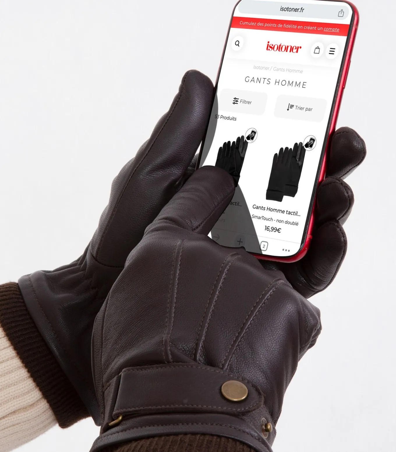 Leren tactiele herenhandschoenen met bruine aantreksluiting