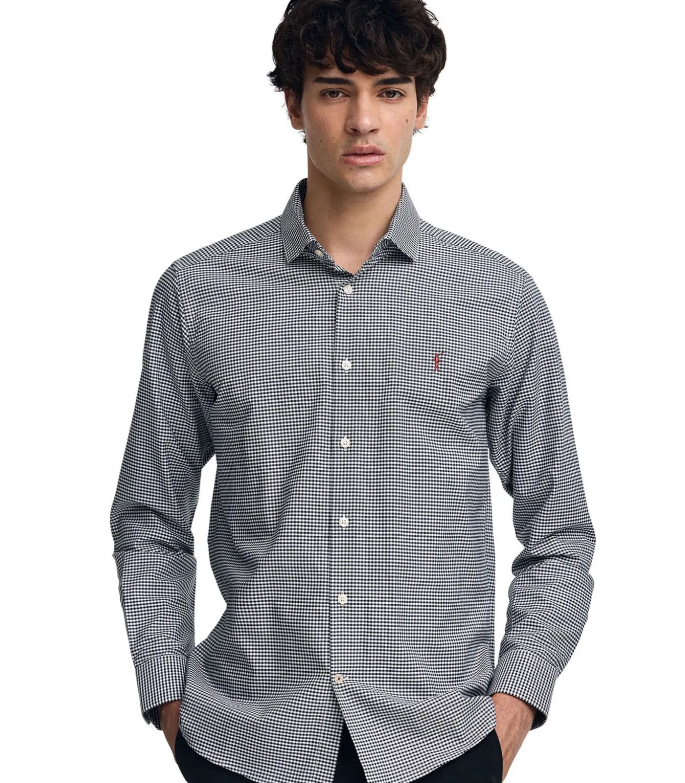 Marineblauw hemd met slim fit, vichy-ruitjes en Rigby Go-logo