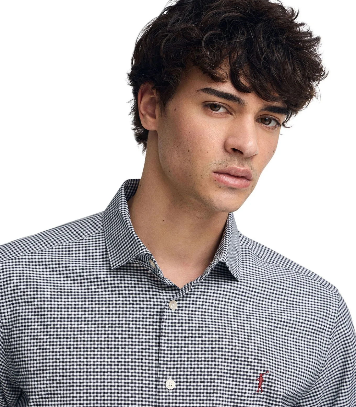 Marineblauw hemd met slim fit, vichy-ruitjes en Rigby Go-logo