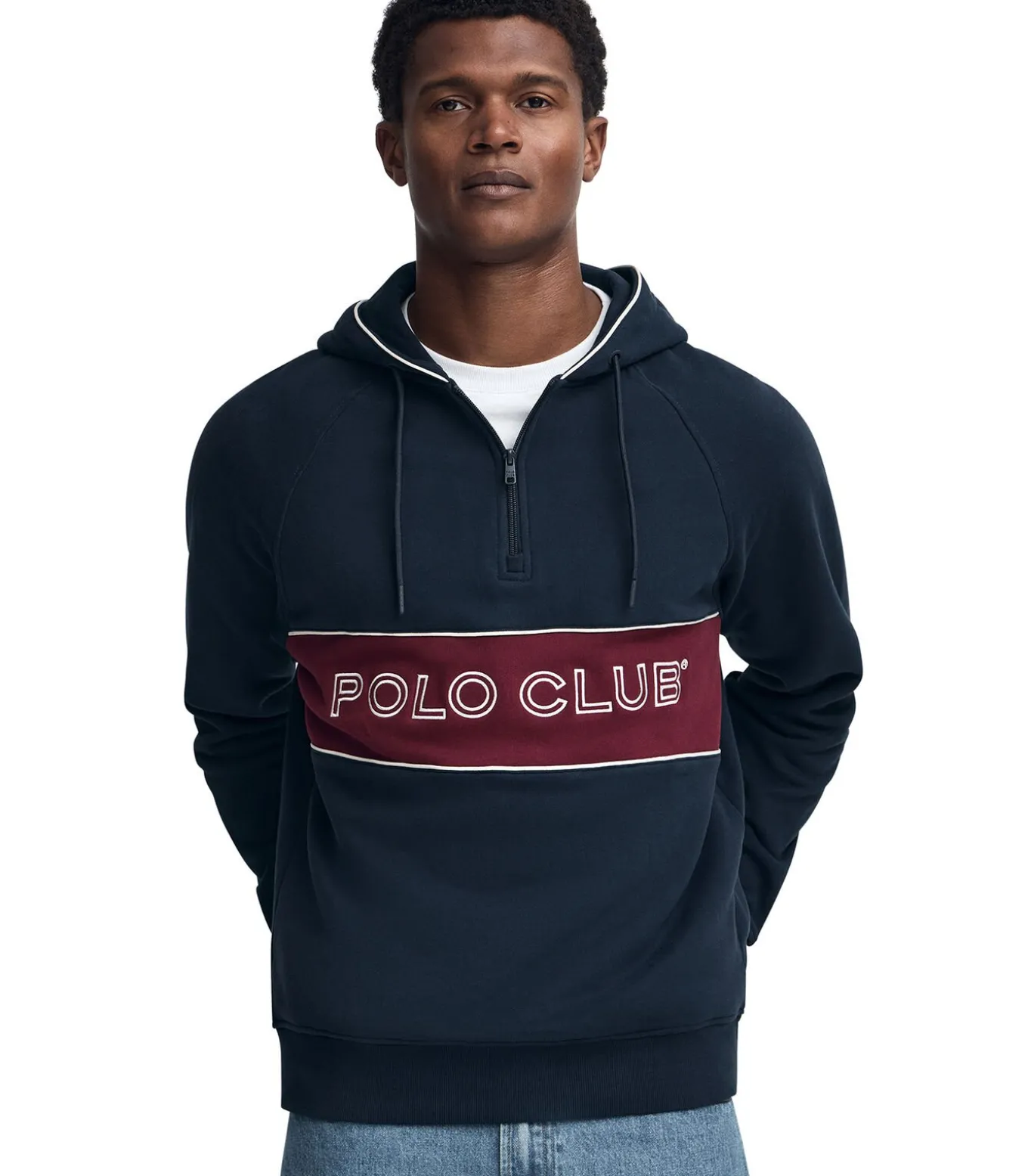 Marineblauwe sweater met halve rits en Polo Club-logo