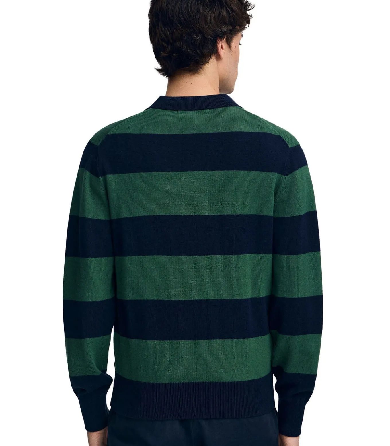 Marineblauwe trui met donkergroene strepen, polokraag en Polo Club-patch