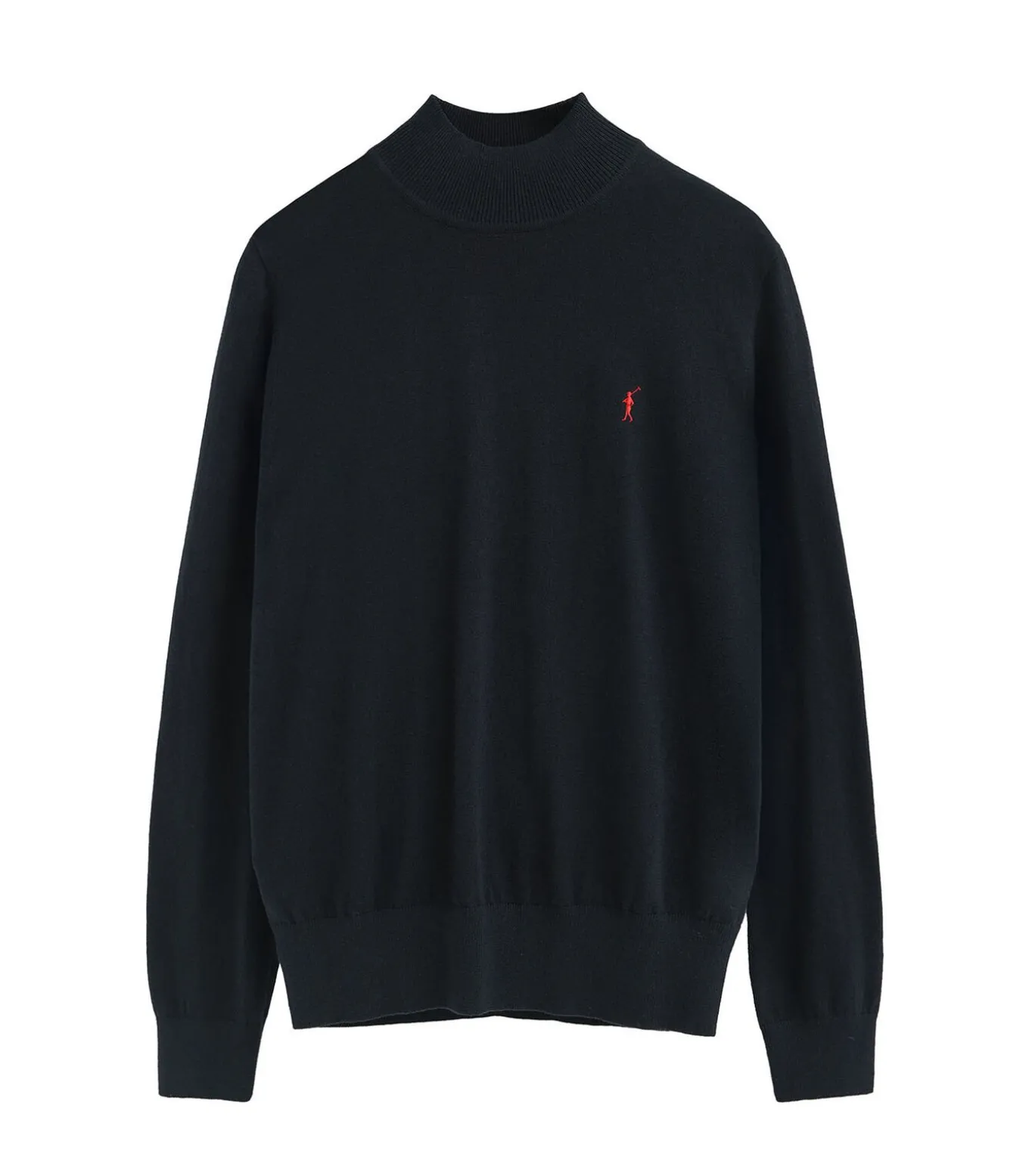 Marineblauwe trui van wolmix met Perkins-kraag en geborduurd Rigby Go-logo
