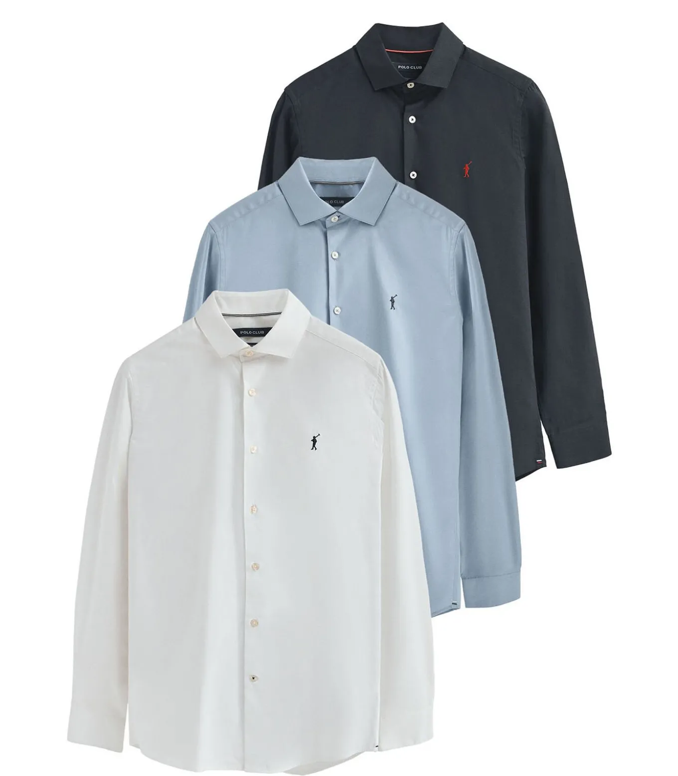 Pack van drie herenhemden van poplin katoen in wit, en hemelblauw en marineblauw met slim fit en Rigby Go-logo