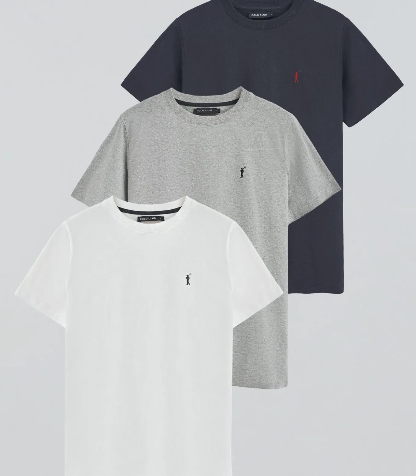 Pack van drie T-shirts voor heren in marineblauw, wit en gemêleerd grijs met ronde hals met geborduurd Rigby Go-logo